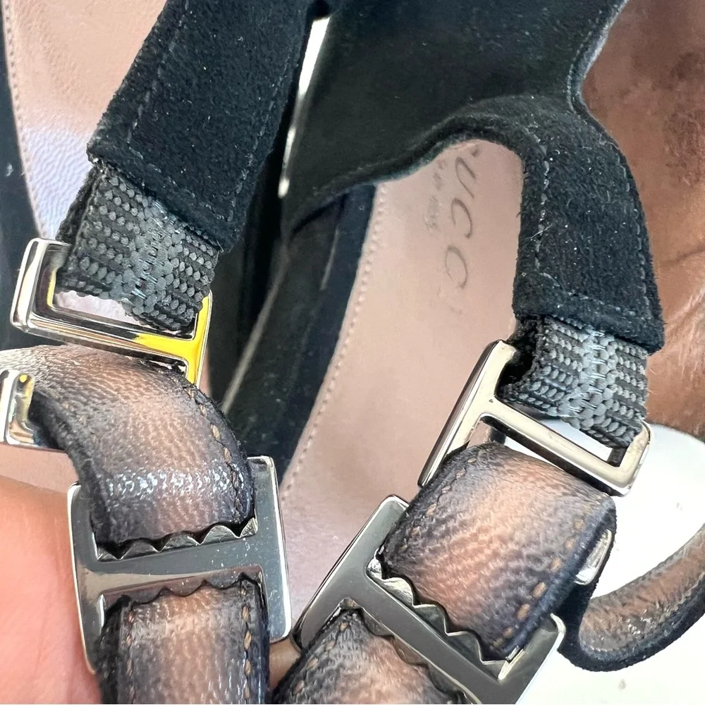 GUCCI Black Suede Interlocking Strap Closure Open Toe Classic Heel Sandal Sz 9 B